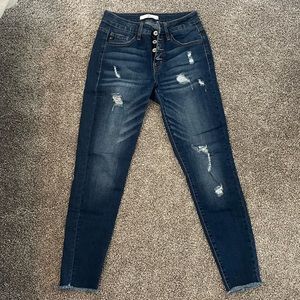 KanCan Blakely Button Fly Mid Rise Distressed Ripped Ankle Skinny Jeans